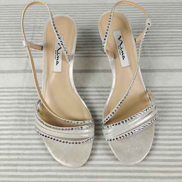 Nina New York Silver Strappy Sequined Open Toe Heels Size 6.5 - Picture 3 of 10